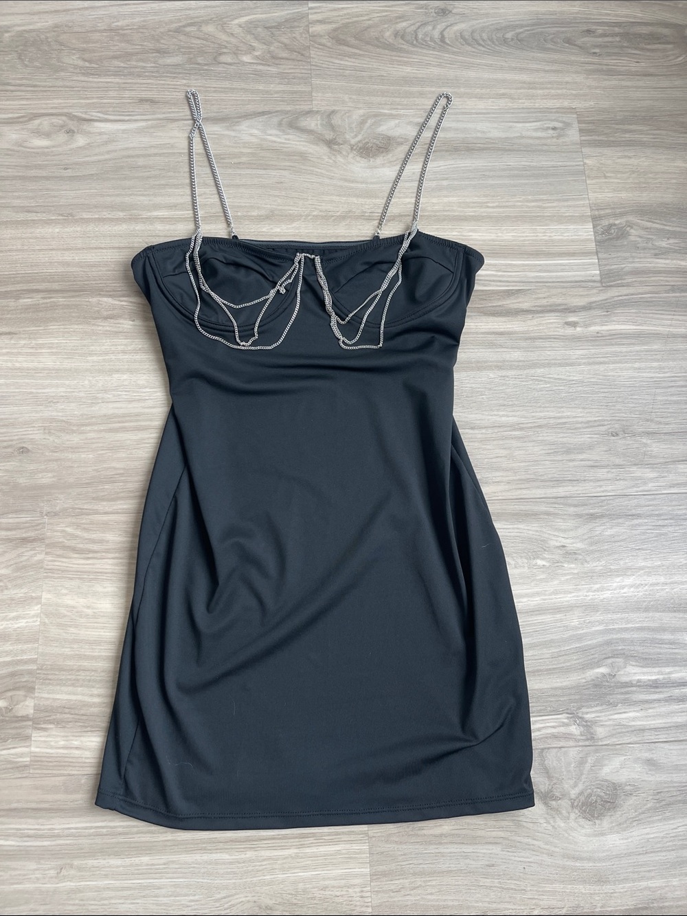 Black Spaghetti-Strap Mini Dress with Contrast Trim